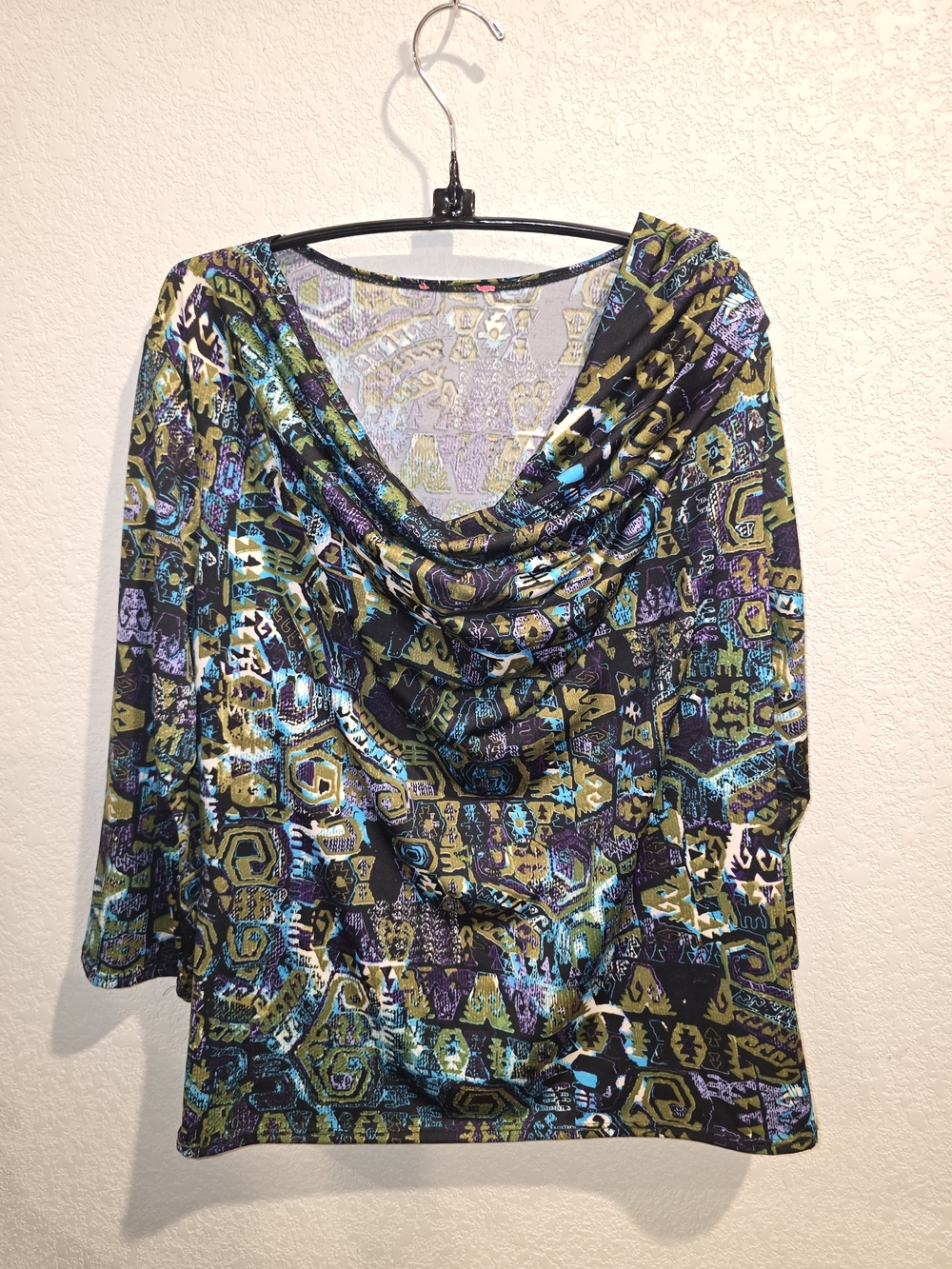 Abstract Geometric Cowl Neck Top - 3/4 Sleeve Stretch Blouse Size Large